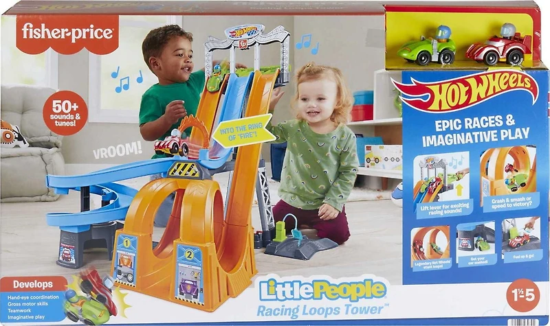Fisher-Price Little People Hot Wheels Racing Loops Tower Toddler Vehicle Playset with Sounds & 2 Toy Cars