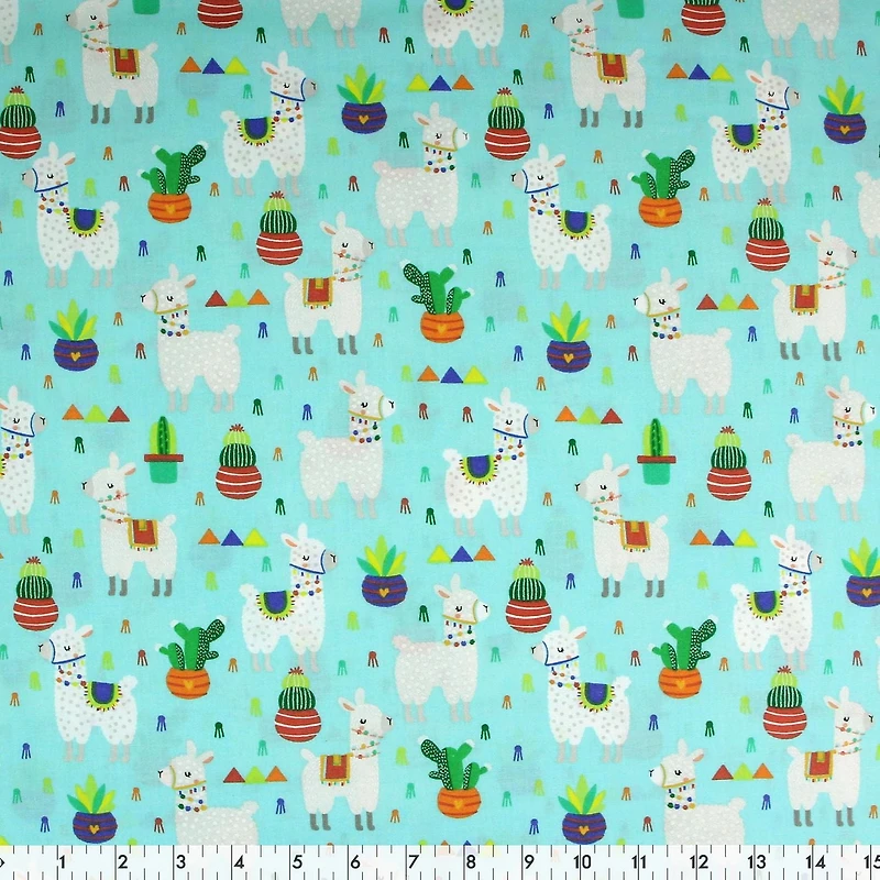 Fabric Creations Turquoise with Llamas and Cacti Fat Quarter Pre-Cut Fabric - 18" x 21" / 45cm x 53cm