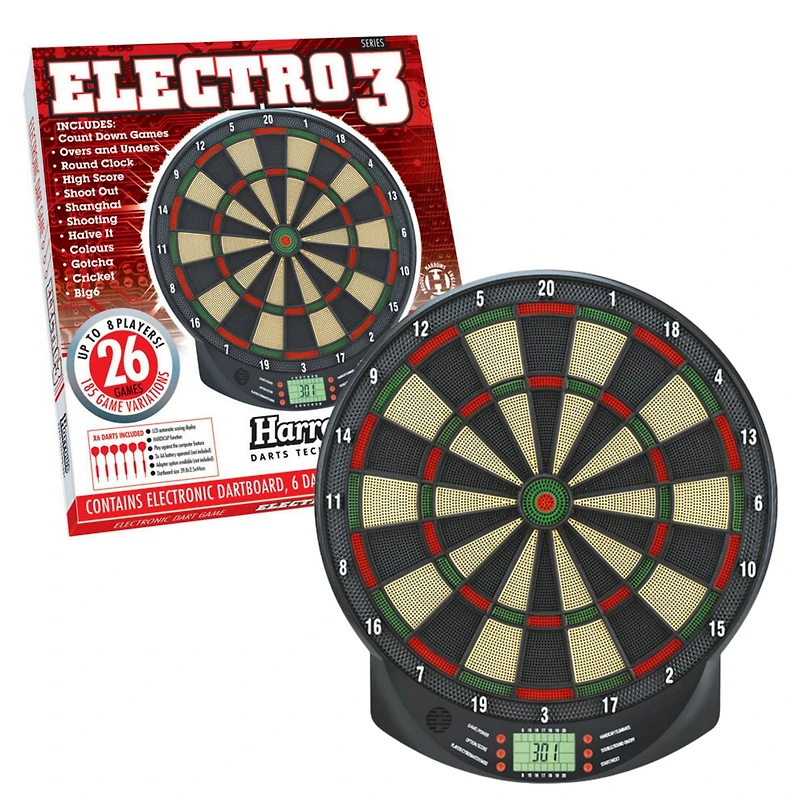 Harrows Electro 3 Soft‑Tip Electronic Dartboard – Indoor Game, Auto‑Scoring, 26 Games/185 Variations, 6 Soft‑Tip Darts, Up to 8 Players.