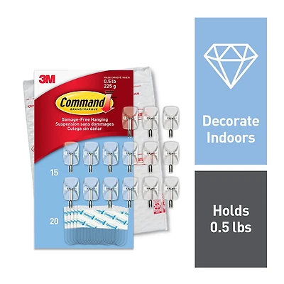 Command(TM) Brand™ Clear Wire Hooks, Small, 15 hooks, 20 Small Indoor Clear Strips, 17067CLR-15NA