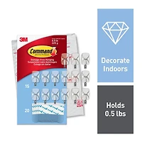 Command(TM) Brand™ Clear Wire Hooks, Small, 15 hooks, 20 Small Indoor Clear Strips, 17067CLR-15NA