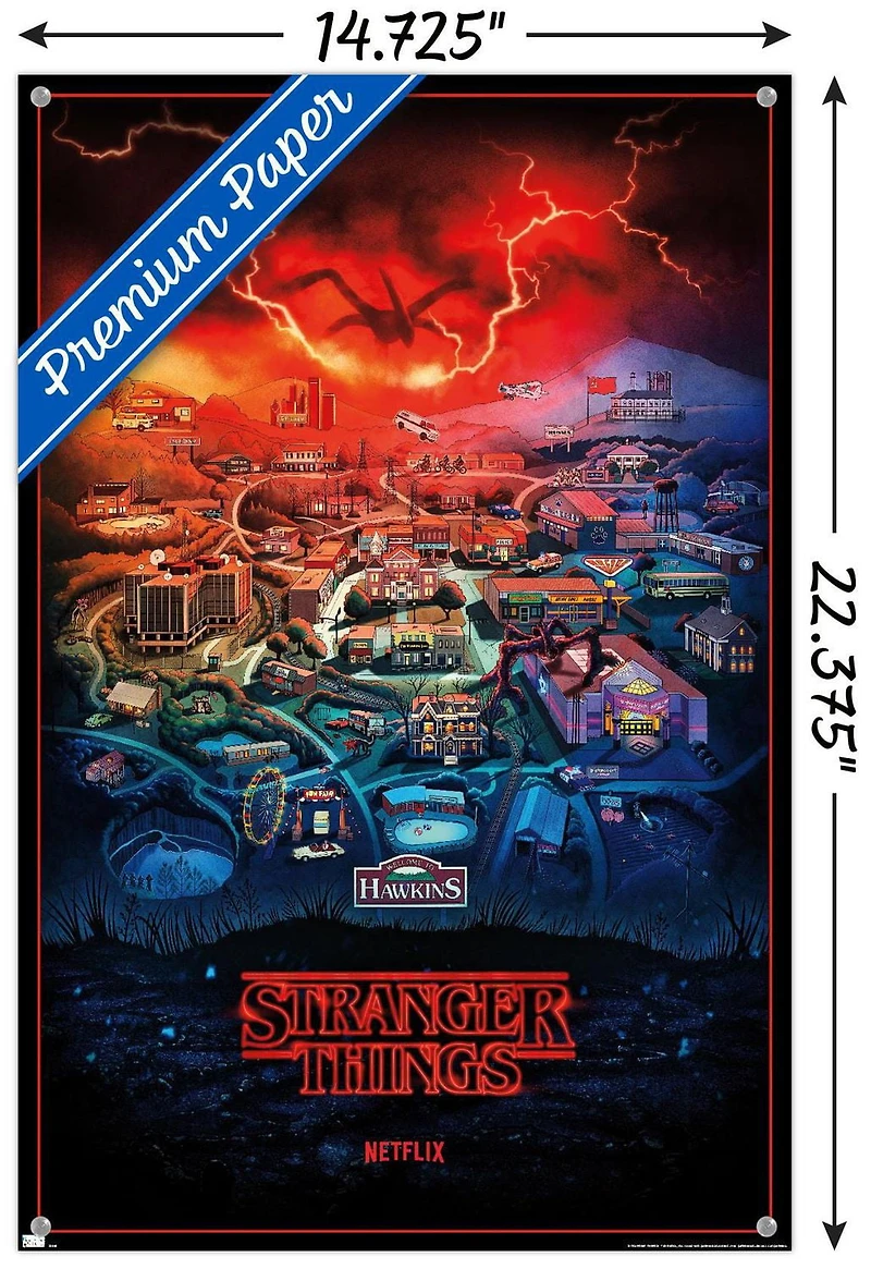 Netflix Stranger Things: Saison 4 – Hawkins, Indiana 22,375" x 34" Affiche Murale avec Cadre Magnétique en Bois de Hêtre, par Trends International