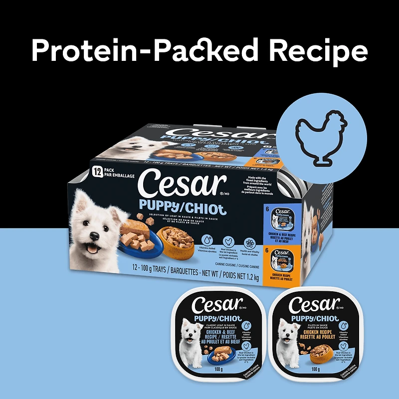 CESAR Puppy Soft Wet Dog Food Classic Loaf in Sauce Chicken & Beef Recipe, (24) 100 g Easy Peel Trays