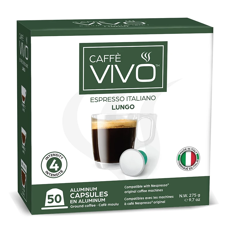 Caffè VIVO Espresso Italiano Lungo (Paquet de 50 Capsules Compatibles Nepresso) Intensité: 4 | Compatible Nespresso