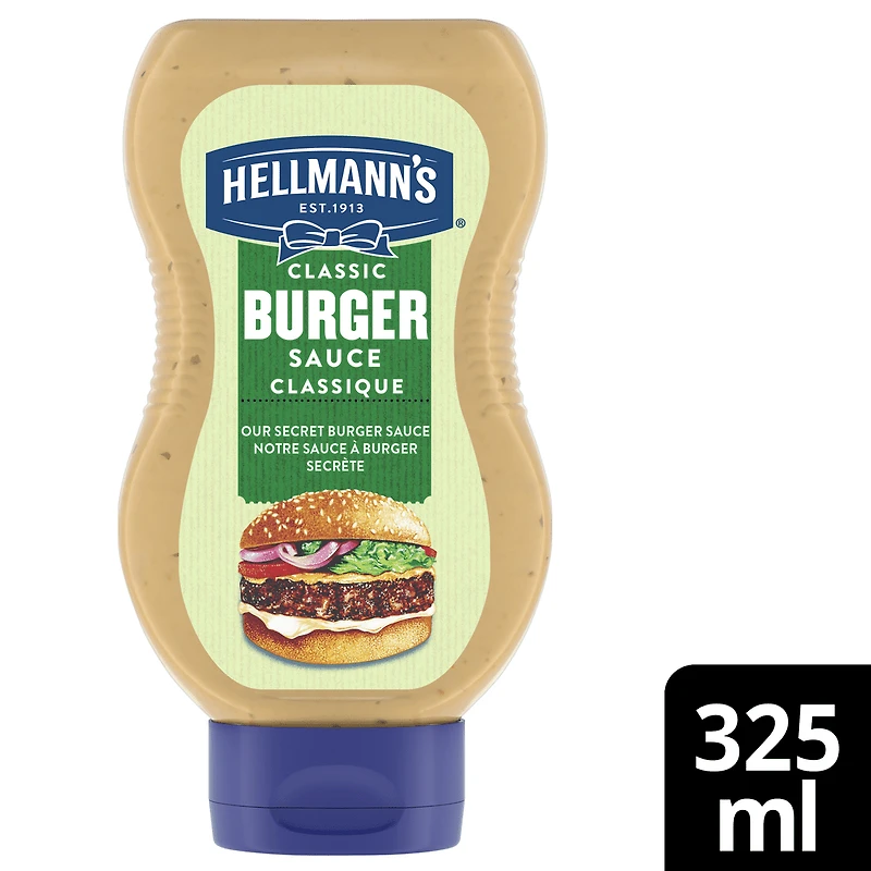 Sauce à burger pour vos créations de burgers maison préférées Hellmanns Une tradition classique sans gluten et certifiée casher 325 ml 325 mL Sauce à burger