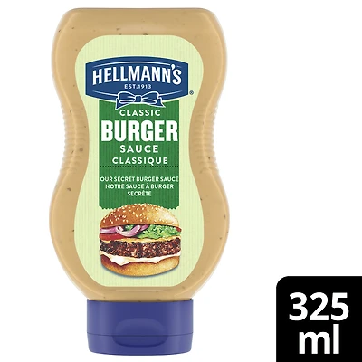 Sauce à burger pour vos créations de burgers maison préférées Hellmanns Une tradition classique sans gluten et certifiée casher 325 ml 325 mL Sauce à burger