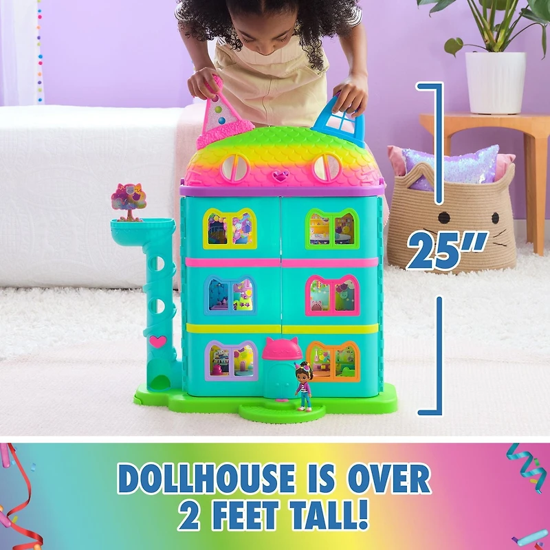 Gabby's Dollhouse, Maison festive aux couleurs de l'arc-en-ciel avec 15 éléments, figurines, meubles de maison de poupée et 10 effets sonores, jouets pour filles et garçons à partir de 3 ans