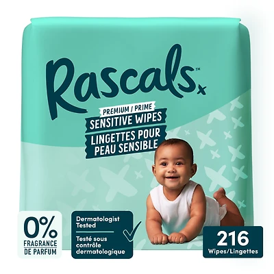 Rascals Premium Sensitive Alcohol Free Baby Wipes, Multipack, 216 Count