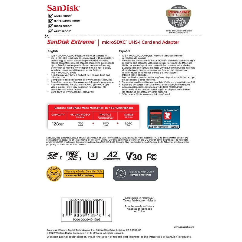 Carte SanDisk ExtremeMD microSDXCMC UHS-I de 128 Go et de classe de performance A2 – SDSQXA1-128G-CW6MA Carte microSD 128 Go