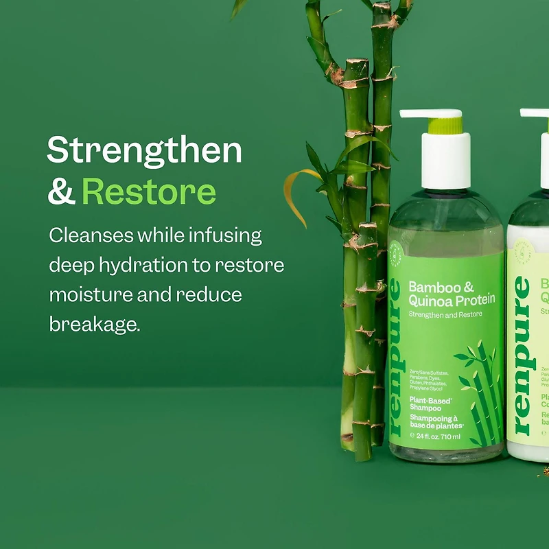 Renpure Bamboo & Quinoa Shampoo, Plant-Based – Restores, Hydrates & Strengthens For Healthier Hair – For Weak, Dull & Damaged Hair– 24 Fl Oz