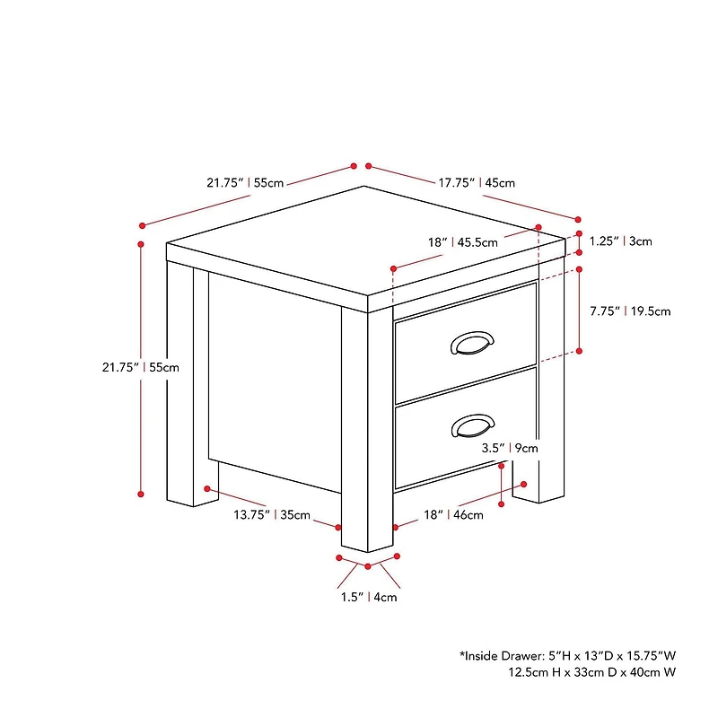 CorLiving Boston Elegant Engineered Wood Bedroom Adult Nightstand with Two Drawers