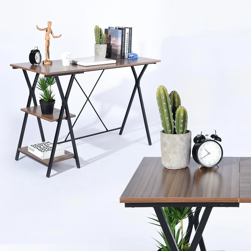 Homylin Home Office Computer Desk Writing Study Workstation with 2 Tier Storage Shelves, Industrial Style Wood Table and Metal Frame, Rustic Brown