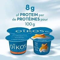Oikos Greek Yogurt, Peach-Mango, Fruit on the Bottom, 0% M.F., 4 x 100 g