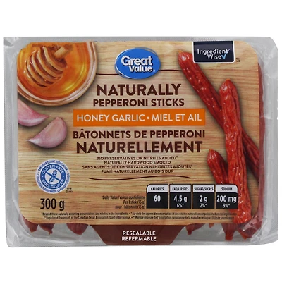 Bâtonnets de pepperoni miel et ail Naturellement Great Value 300 g