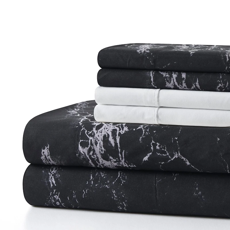 Marina Decoration Ultra Soft Silky Deep Pocket Rich Printed Bedding Rayon from Bamboo All Season Sheet Set with Pillowcases, Modern Black Marble Pattern