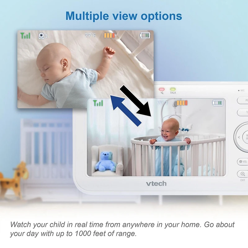 VTech VM5255-2 Moniteur de bébé vidéo numérique à balayage panoramique de 5 po à 2 caméras avec veilleuse (Blanc)