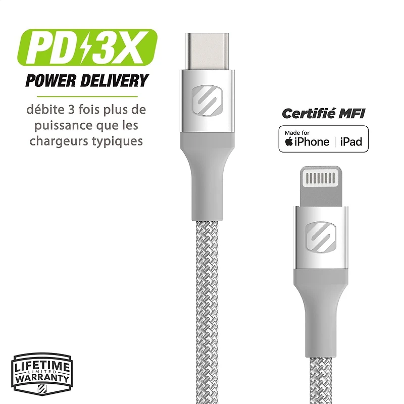 Scosche Strikeline Câble de charge et de synchronisation Lightning USB-C tressé de qualité supérieure 8 pieds Recharge haut débit