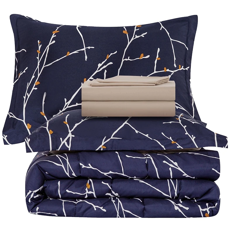 Marina Decoration Ultra Soft Luxury Fluffy Goose Down Alternative Bed in a Bag Rich Printed Comforter Set Includes Sheet Set, Modern Navy Blue Branches Pattern