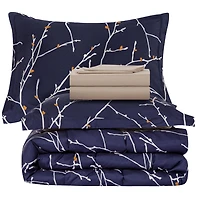 Marina Decoration Ultra Soft Luxury Fluffy Goose Down Alternative Bed in a Bag Rich Printed Comforter Set Includes Sheet Set, Modern Navy Blue Branches Pattern