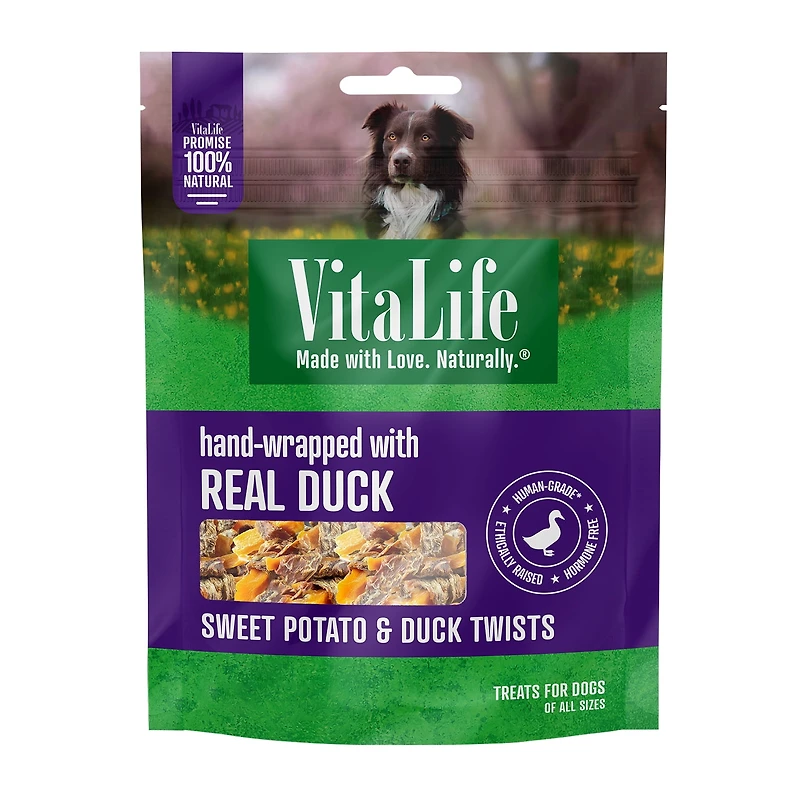 Torsades de patate douce et canard VitaLife, friandises pour chiens entièrement naturelles et à base de viande séchée 400 g