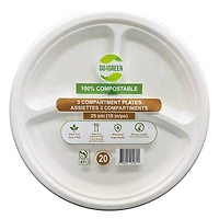 Go4Green Compostable 10-Inch 3-Compartment Plates, 20 Pieces