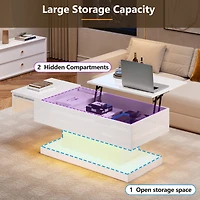 Homy Casa Lift Top LED Coffee Table, High Gloss White, Sliding Top, Storage, Bluetooth App