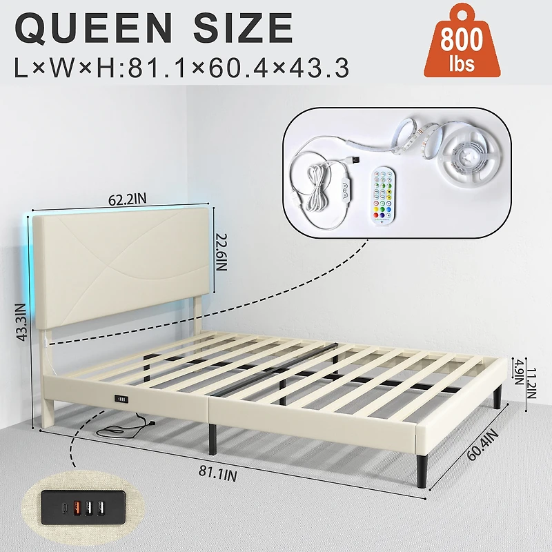 Homy Casa Queen Bed Frame with Portable Folding Tray Bedroom Set