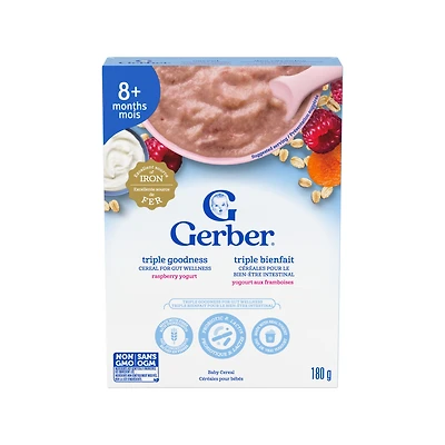 Gerber Triple Goodness Raspberry Yogurt Baby Cereal, 8 Months+, Promotes Gut Wellness, Fibre-rich Ingredients, Probiotic B. lactis, Real Yogurt, Fruits & Veggies, Source of B Vitamins, 180 g
