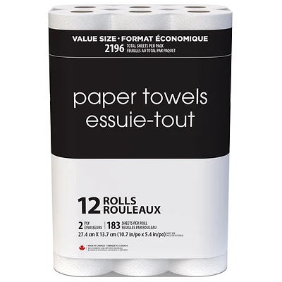 Black & White 12 Value Size Rolls 183 Sheets, 2-Ply Paper Towel, BLACK & WHITE PAPER TOWELS 12 ROLLS 183S