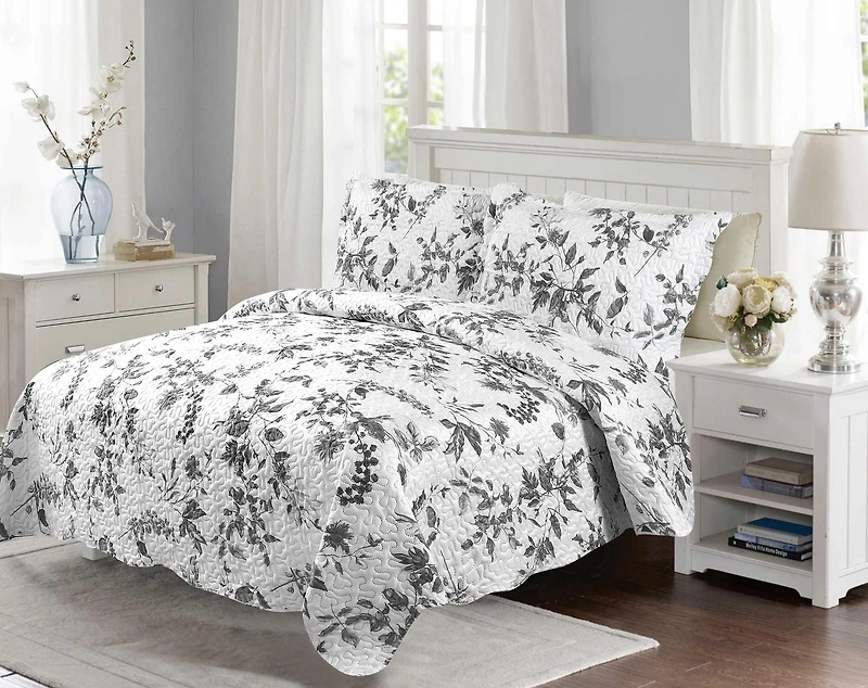 Marina Decoration Parure de lit ultra douce avec couvre-lit en tissu Pinsonic imprimé en relief et taies d'oreiller, motif branches florales de chrysanthème gris