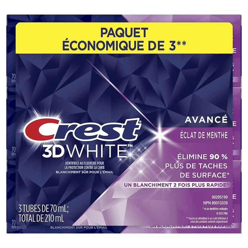 Crest 3D White Advanced Whitening Toothpaste, Radiant Mint, 70- mL, Pack of 3