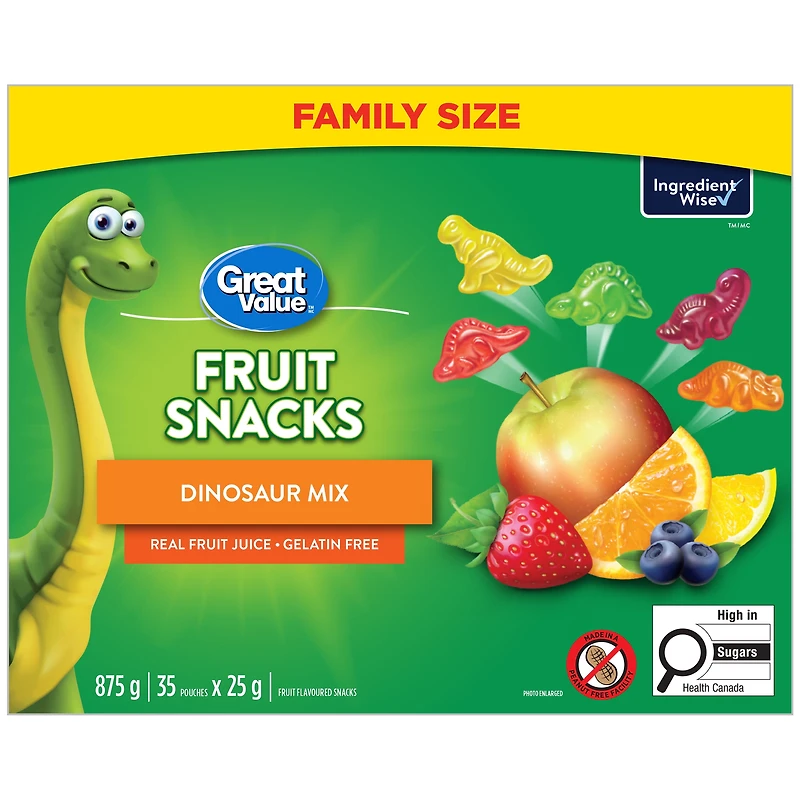 Great Value Dinosaur Mix Fruit Flavoured Snacks, 875 g (35 pouches x 25 g)