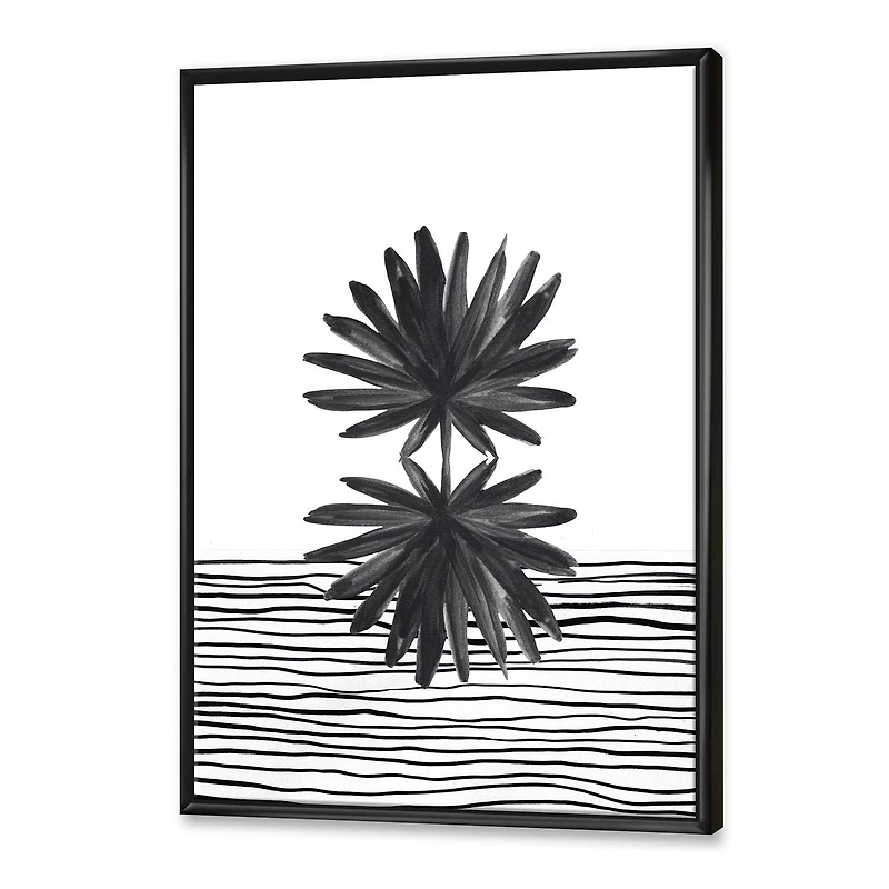 Designart Black and White Tropical Leaf On Striped II FLOAT FRAME WALL ART
