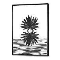 Designart Black and White Tropical Leaf On Striped II FLOAT FRAME WALL ART