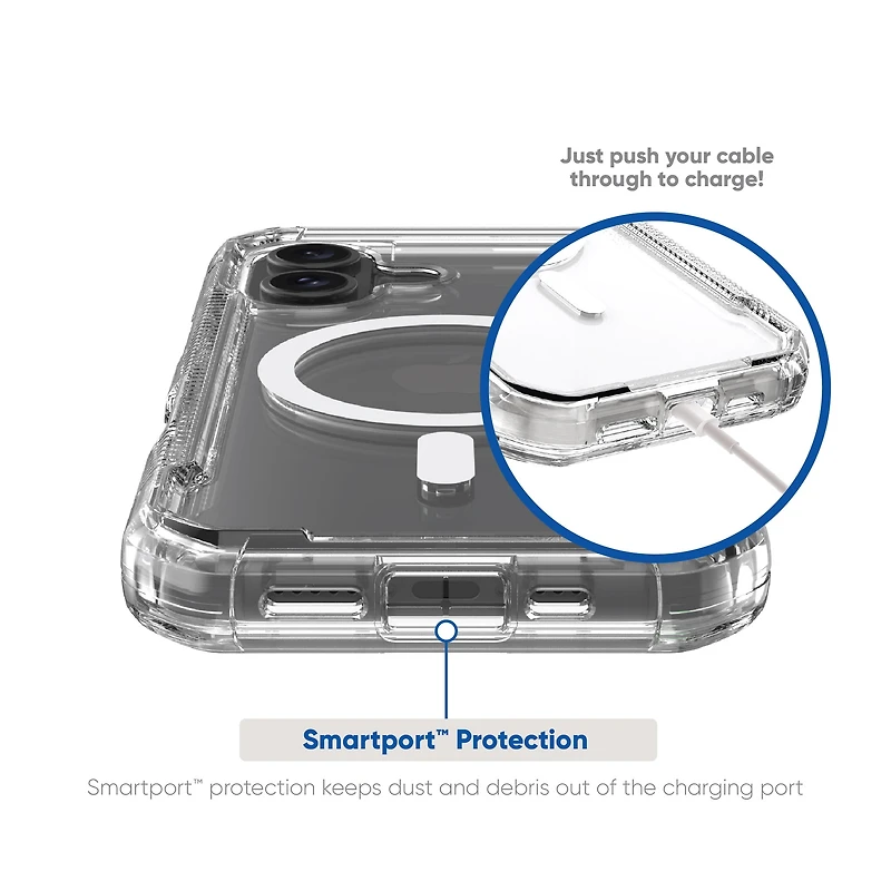 onn. iPhone 16 MagSafe Compatible Rugged Phone Case with Smartport Protection, Clear, Drop tested to 21 ft./6.4 m