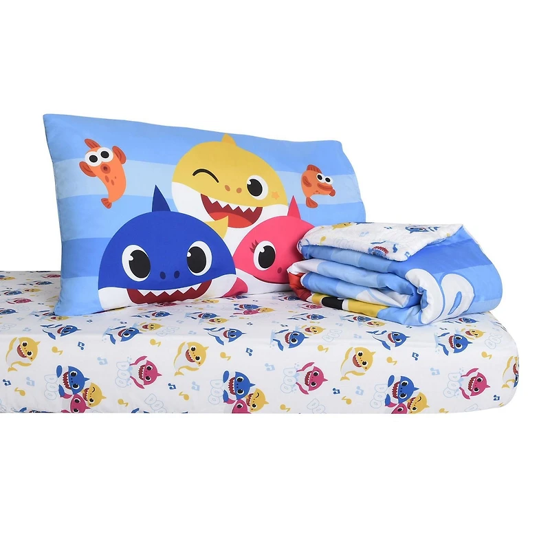 Baby Shark 3 Piece Toddler Bedding Set with Reversible Comforter, Fitted Sheet and Pillowcase