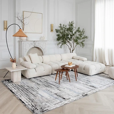 Tapis d'interieur vintage Atlas Rug Branch, gris, style boheme - Salon, chambre, salle a manger et cuisine