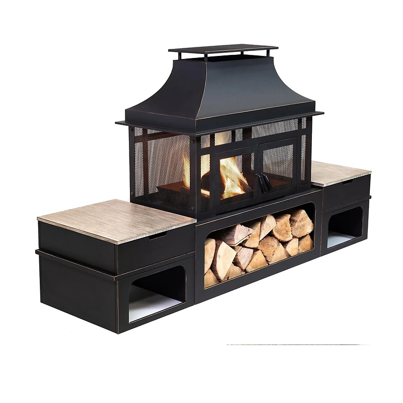 Deko Living Foyer à bois extérieur rectangulaire en acier de 80 pouces avec rangement pour bûches, tisonnier et tables d'appoint