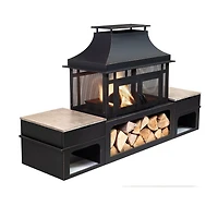 Deko Living Foyer à bois extérieur rectangulaire en acier de 80 pouces avec rangement pour bûches, tisonnier et tables d'appoint