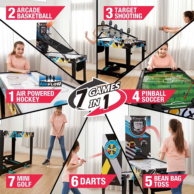 48 in. Combo Game Table, Air Hockey, Basketball, Bag Toss, Darts, Pinball Soccer, Target Shooting, Mini Golf, Multi Game Table by MD Sports
