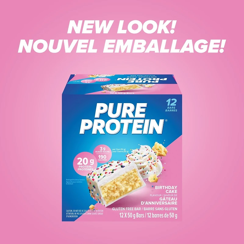 Barres de gâteau d'anniversaire Pure Protein | 20g de protéine | 3g de sucre | Sans gluten | 6 barres de collation de 50g | Collation protéinée après l'entraînement ou à emporter 12 x 50g, prêt à manger