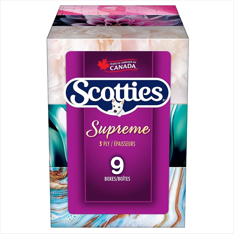 Scotties Supreme 3-ply Facial Tissues, Hypoallergenic and Dermatologist Tested, 9 Boxes, 88 Tissues per Box
