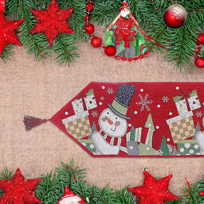 Christmas Tapestry Table Runner Snowman Holding Presents 36"