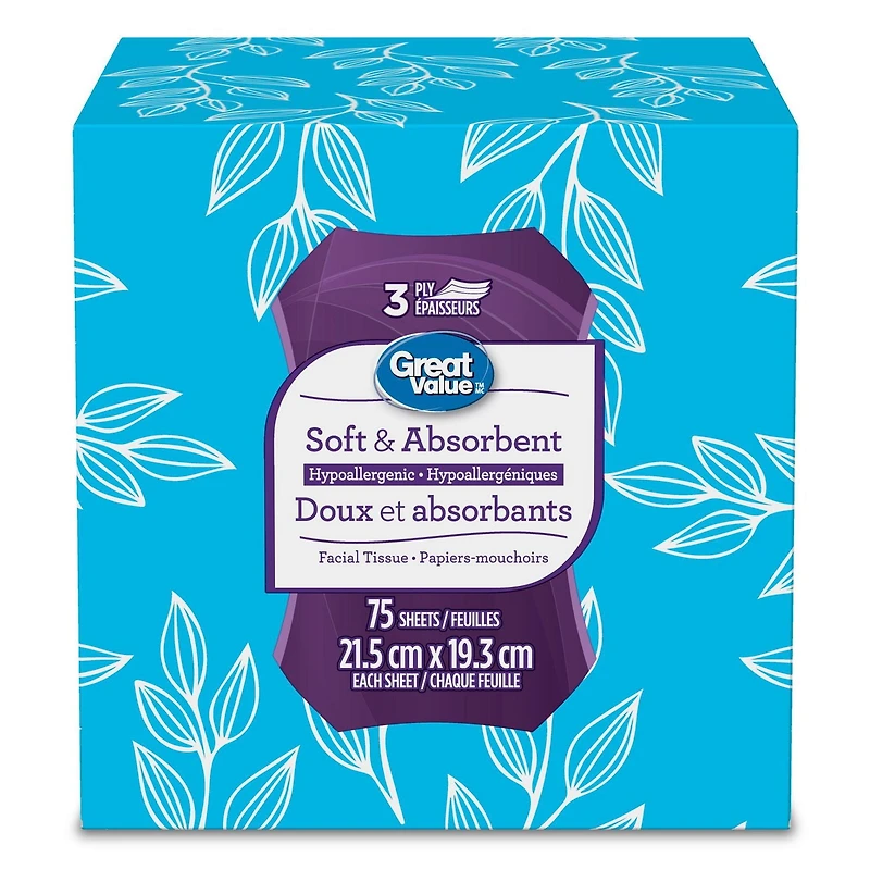 Mouchoirs Great Value, 1 Boîte Cubique, 75 Mouchoirs par Boîte 3 épaisseurs, 75 mouch.