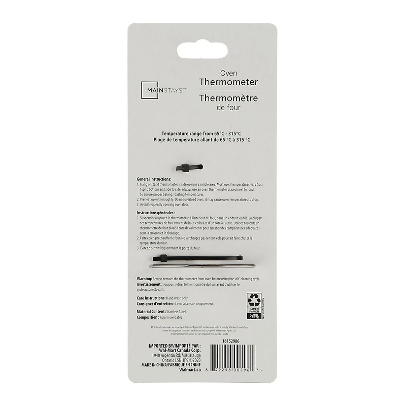Mainstays thermomètre de four en acier inoxydable à lecture instantanée Thermomètre de four