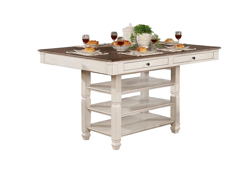 Topline Home Furnishings Ensemble de salle à manger 7 pièces blanc antique à hauteur de comptoir