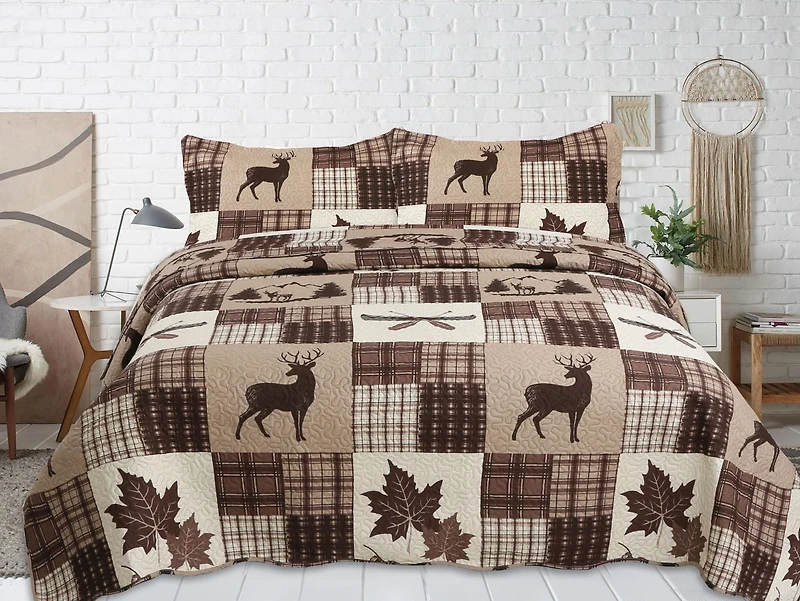 Marina Decoration Rich Printed Embossed Pinsonic Coverlet Bedspread Ultra Soft Bedding Summer Quilt Set with Shams, Brown Cabin Maple Deer Plaid Pattern