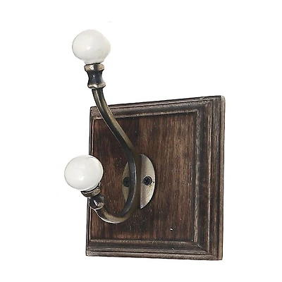 Antique Brass Hook With Ivory Knob On Wood Base (Walnut) - Set of 2