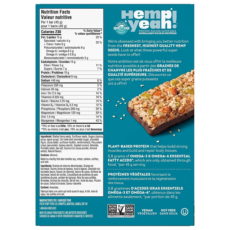 Hemp Yeah Barres Chocolat Noir, Amandes, Sel de Mer