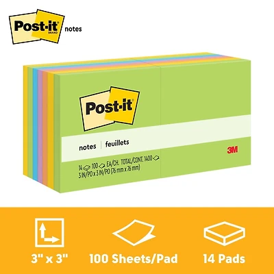 Feuillets WMRRP654-14AU-C Post-it®, collection Jaipur, 3 po x 3 po, 100 feuillets/bloc, 14 blocs/paquet
